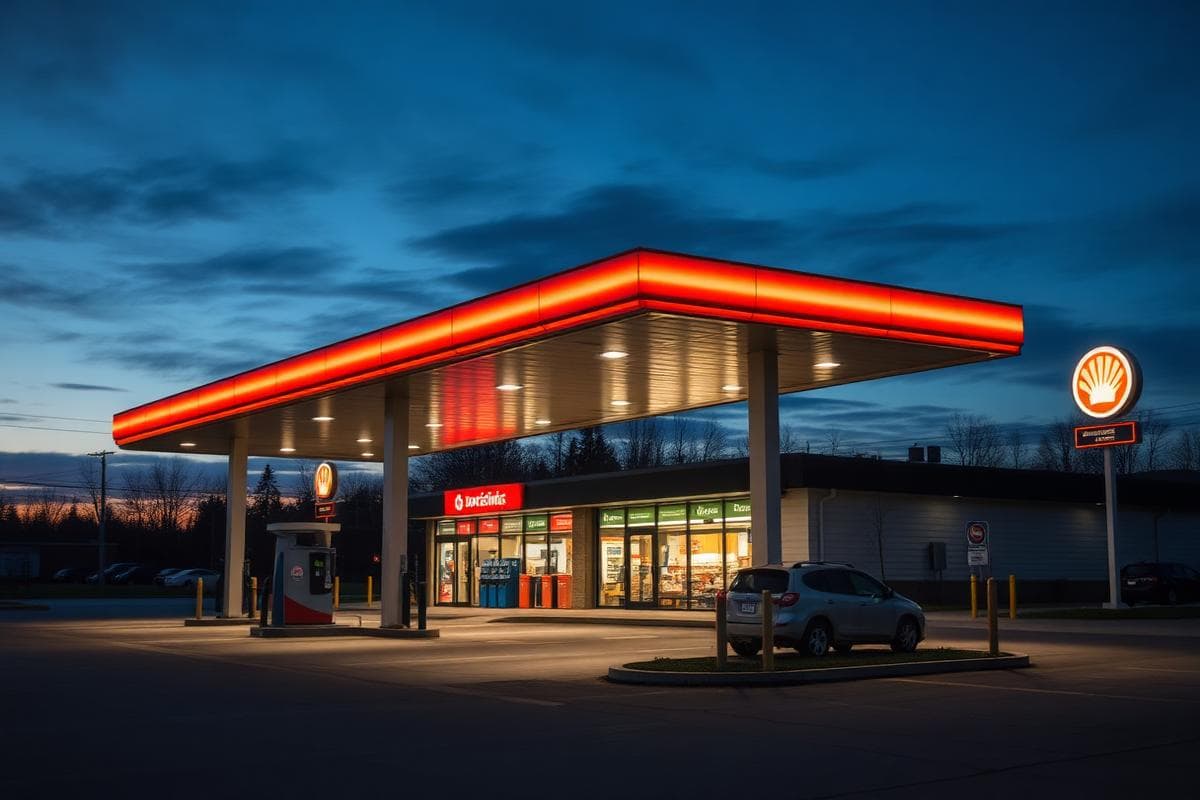 Illuminated gas station and convenience store in Mississauga